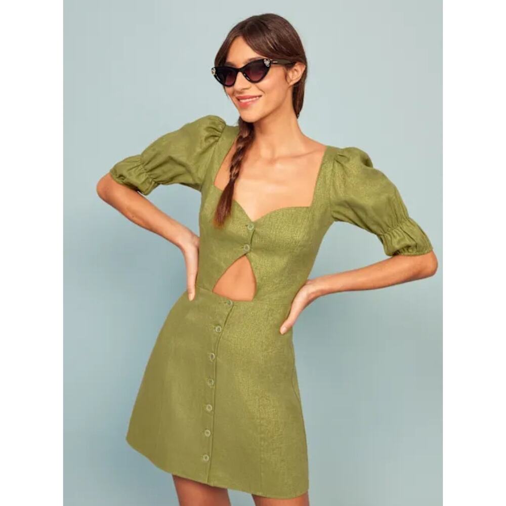 Reformation Olive Green Puff Sleeve Mini Dress